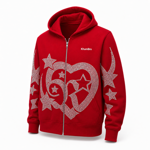 Khumbro <b>Red</b> Hooded Sweatshirt Rhinestone Heart Star Design Regular Fit Men Casual Winter French Terry 100% Cotton Hoodie - Product Image 1