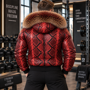 <b>Men's</b> High Quality Python Leather Biker Jacket Fox Fur Hood Designer Bomber <b>Coat</b> | Herren Lederjacke | Chaqueta Hombre Cuero - Product Image 2