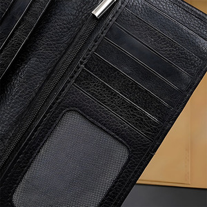 Premium <b>Black</b> Pebbled Leather Long Wallet Men Luxury Zipper Pocket Slim ID Window Card Holder Cash <b>Clutch</b> <b>Purse</b> Checkbook Bifold - Product Image 4