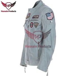 Chaqueta de cuero auténtico gris para hombre, estilo motero, con parches, bordado, insignias personalizadas, abrigo de invierno ajustado de piel de vaca - Product Image 3