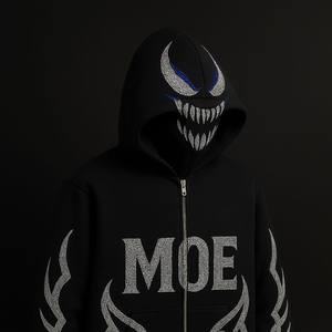 Sudadera con capucha extragrande para hombre con cremallera completa, estilo urbano cómodo y personalizado con pedrería de llama, 100% algodón French Terry, cuello con capucha - Product Image 2