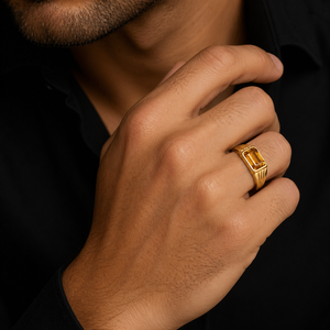 Solid 18K Gold <b>Mens</b> Signet <b>Ring</b> with Emerald Cut Yellow Citrine Gemstone High Polish Classic Statement Wedding Party Gift <b>Ring</b> - Product Image 5