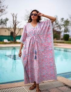 Marwin-caftan en coton rose, nouvelle Collection d'été, tenue de nuit confortable et confortable, avec imprimés blocs, pour femmes - Product Image 1