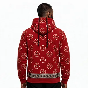 Sweat à capuche en molleton de coton, motif hibou géométrique rouge, style tribal patchwork bohème streetwear, Accept Industry - Product Image 3