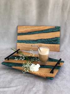 Premium Artisan <b>Epoxy</b> Resin & Solid Wood Serving Tray with Stylish Black Metal Handles for Dining, Entertaining & Home Display - Product Image 6
