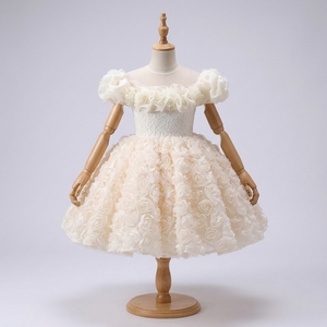 Rosavielle Ivory Satin Solid 3D Rose Puff Sleeve <b>Flower</b> Girl Dress Luxury Princess Wedding Party Ball Gown OEM ODM Soft Lining - Product Image 1
