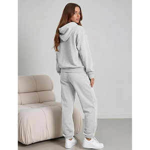 Conjunto de Sudadera Corta Holgada y Pantalones Largos Rectos para Mujer, de Felpa de Algodón y Spandex, Color Liso, Casual, 2 Piezas - Product Image 3