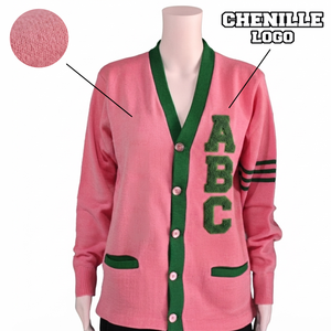 <b>Custom</b> University Pink Green V Neck Cardigan Sorority Womens Sweater Acrylic Knitted Chenille Logo Applique Greek Apparel - Product Image 1