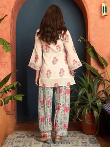 Women's Traditional Floral Woven <b>Linen</b> Summer Short Kurti with Farshi Bottom 2 <b>Piece</b> Set Knee Length - Product Image 2