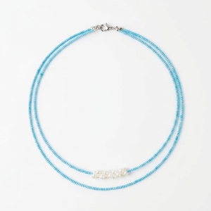 Collier ras du cou double rangs plaqué or avec perles bleues et accent de perles, style bohème tendance, bijou pour femme, idéal pour les fêtes - Product Image 2