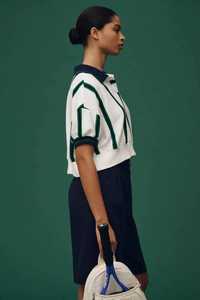 <b>Striped</b> <b>Polo</b> <b>Shirt</b> White Green Color Blocked Navy Collar Short Sleeve Sporty Top - Product Image 3