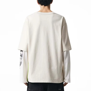 เสื้อยืดแขนสองชั้นทรงโอเวอร์ไซส์สำหรับผู้ชาย พิมพ์ลายมังกร แต่งขอบตัดกัน คอกลม สไตล์สตรีท ผลิตจากผ้าเจอร์ซีย์คอตตอน 100% - Product Image 3