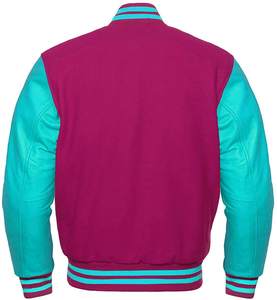 Chaqueta Varsity de Moda Estilo Bomber de Lana Rosa Intenso con Mangas de Cuero Genuino - Product Image 4