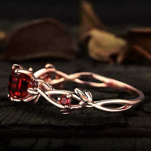 Anillo vintage hexagonal de granate, plata de ley 925, chapado en oro rosa de 14k, diseño de hoja y rama, anillo de promesa para mujer - Product Image 4