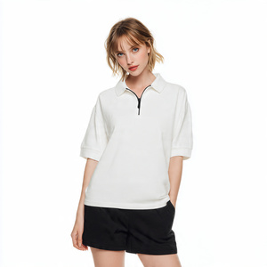 Oversized Zip-Up Polo Shirts Women Summer Short Sleeve Polo Shirt Ladies 100% Cotton <b>Drop</b> Shoulder Zip Up Polo Shirts Women's - Product Image 4