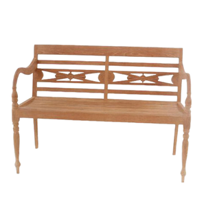Le banc de jardin Batavia en teck massif présente des accoudoirs incurvés distinctifs et des sculptures décoratives sur le dossier. - Product Image 2