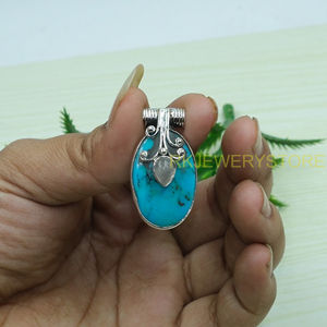 Collar con colgante de piedras preciosas grandes de turquesa azul y cuarzo rosa, colgante de plata de ley 925, joyería de piedra grande, regalo para mujer - Product Image 6