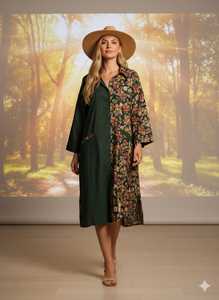 Robe midi à imprimé floral bohème, manches trois quarts, col rabattu, coupe ample, en lin et coton tissé, respirante, tenue décontractée d'été - Product Image 1