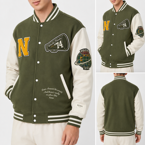 Chaqueta Varsity Unisex SINEWY SPORTS Color Oliva, Diseño con Parche de Letra N Bordada, Cuello Camisero, Corte Regular, Estilo Preppy, Invierno - Product Image 5