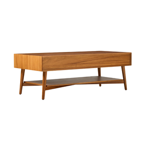 Premium Solid Teak <b>Coffee</b> <b>Table</b> Mid Century Modern Rectangular Design with Dual Drawers Open Storage and Tapered <b>Legs</b> - Product Image 4