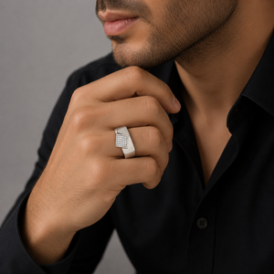 925 Sterling Silver <b>Mens</b> Diamond Pave Square Signet <b>Ring</b> Bold Minimalist Design High Polish Finish Wedding Party Daily Wear Gift - Product Image 1
