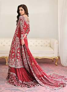 Conjunto de Lehenga de Boda Rojo Bordado, Largo hasta el Suelo, Corte en A, con Botones en la Espalda, para Mujer, Estilo Pakistaní - Product Image 4
