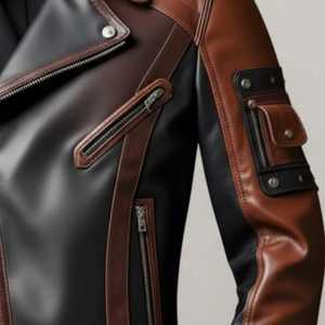 Veste de moto en cuir véritable imperméable pour homme, couleur marron et noir, avec ceinture - Product Image 3