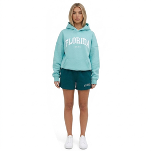 Florida Print Hoodie and Shorts <b>Set</b> Fleece Casual Loose Fit Spring Summer Daily Wear Teal <b>White</b> Lettering - Product Image 1