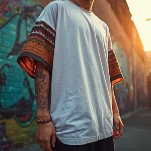 T-shirt imprimé à manches superposées pour hommes, coupe ample, décontracté, en coton, style streetwear - Product Image 4
