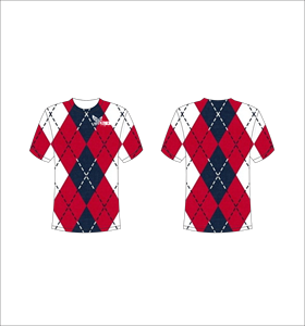 T-shirt personnalisé sublimé imprimé sur toute la surface, motif Argyle rouge, blanc et noir, unisexe, col rond, respirant, en polyester, tissu Ferocious - Product Image 1