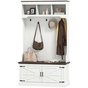 Appendiabiti da ingresso 3 in 1 in legno bianco con cinque ganci e panca porta scarpe, mobile per l'ingresso di casa - Product Image 1