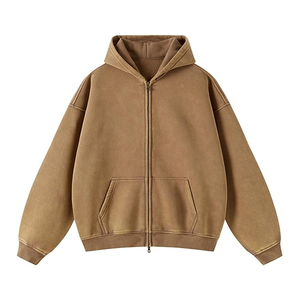 Sweat à capuche zippé oversize pour homme en molleton 100% coton, streetwear de haute qualité, délavé à l'acide, brodé, effet soleil délavé, collection automne - Product Image 3