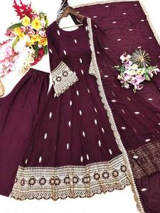 Traje Anarkali de poliéster bordado color granate con dupatta, largo hasta el suelo, ropa tradicional india y pakistaní para mujer, corte regular. - Product Image 3