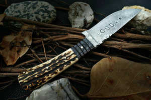 Couteau de chasse à lame fixe en acier Damas, personnalisable, DIY, OEM, manche en corne de cerf, lame pleine longueur, bord droit, couteau de survie en plein air, couteau de camping - Product Image 6