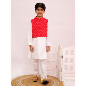Twisha Men's Woven Solid Kurta <b>Pajama</b> Set with Printed Jacket Full Sleeve Red White Traditional Indian Ethnic Wear - Product Image 2