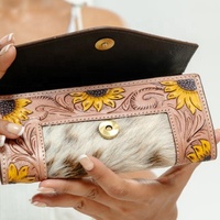 Dompet kulit asli bergaya Vintage wanita, dompet kulit asli berukir Boho kulit sapi ritsleting panjang ramping anti-maling poliester