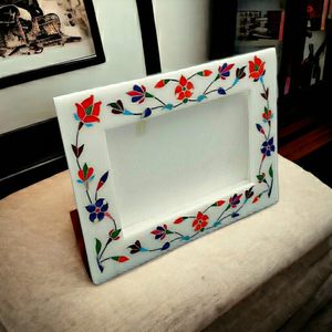 Stone Era Premium <b>White</b> Marble Photo <b>Frame</b> Traditional Floral Stone Inlay Design Handmade Luxury Wall Mount <b>Frame</b> for - Product Image 3