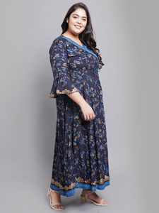 Kurti Angrakha en rayonne à imprimé floral bleu avec col en V et manches cloche pour femmes grandes tailles, vêtements décontractés tendance - Product Image 2