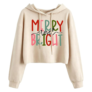 Custom <b>Women's</b> <b>Christmas</b> Graphic Crop Hoodie Multi-color Merry & Bright Letter Print Loose Fit Causal Holliday Hooded <b>Sweatshirt</b> - Product Image 1