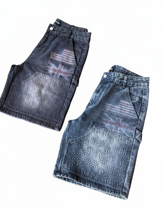 Shorts en jean streetwear personnalisés pour hommes, coupe ample, en denim épais, avec lavage vintage et design multi-graphe - Product Image 2