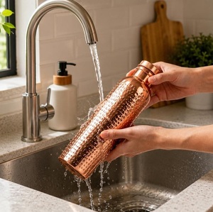 Minimalist Pure <b>Copper</b> <b>Water</b> <b>Bottle</b> With Textured Finish Portable Drinkware For Home Use - Product Image 1