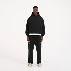 Sudadera con Capucha Negra Unisex, Manga Larga, Corte Holgado, Diseño Geométrico, Algodón, Estilo Casual Urbano, Diseño 2 en 1, Bolsillos Laterales, Elástico - Product Image 1