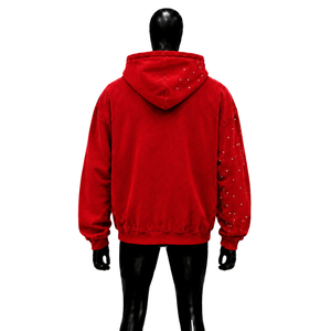 Sweat à capuche zippé oversize rouge pour homme avec imprimé abstrait, manches régulières, en polyester tricoté, pour l'automne, style urbain, vente en gros - Product Image 2