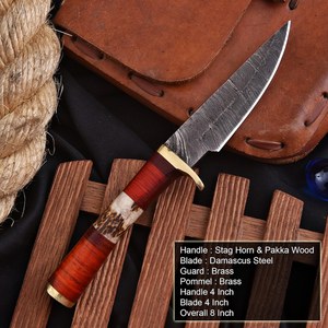 Cuchillo de caza Skinner de acero de Damasco al por mayor, hecho a mano, hoja fija, punta caída, mango de cuerno de ciervo y madera, 8 pulgadas, logotipo personalizado - Product Image 2