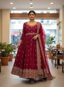 Red <b>Colour</b> Gown <b>Set</b> for Women Elegant Ethnic Wear with Dupatta Perfect for Wedding Festive Party and Special Occasions - Product Image 5