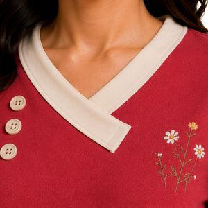 <b>Red</b> Beige Womens V Neck Short Sleeve T Shirt Floral Embroidery Contrast Trim Casual Wholesale Fashion Apparel Manufacturer - Product Image 4