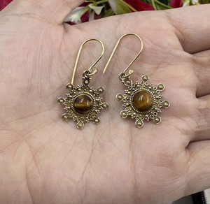 Natural Tiger Eye <b>Gold</b> Plated Brass <b>Earrings</b> Handmade Gemstone <b>Dangle</b> Drop <b>Earrings</b> Fashion Statement Jewelry for Women - Product Image 1