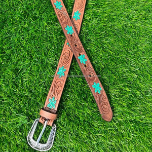 เข็มขัดลูกปัดหนังวัวตะวันตกเข็มขัดลายดอกไม้หนังแท้ผลิตตามสั่ง - Product Image 4