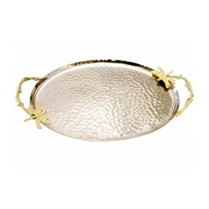 Bandeja Decorativa Ovalada Plateada con Asas de Estrella de Mar Doradas, Diseño Costero, Artesanía Metálica, Pieza Única - Product Image 1