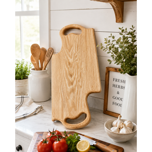 Planche à découper longue en bois avec poignées intégrées courbées, finition en chêne naturel magnifique, pour couper les légumes - Product Image 5